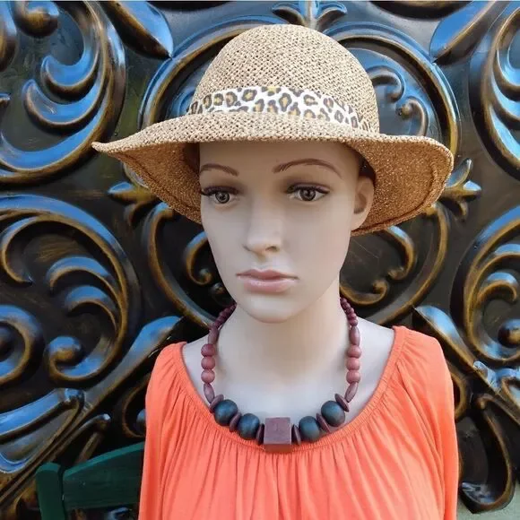 VINTAGE FABINI NY 100% Straw SunHat with Cheetah Print Band & Black Feathers - Picture 12 of 13